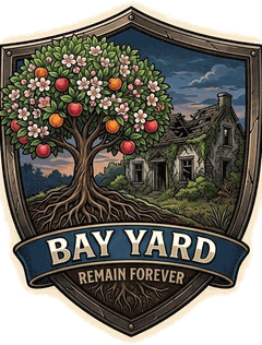 The Bay Yard crest: a blossoming fruit tree with exposed roots beside a ruined stone house, over a banner reading Bay Yard, Remain Forever.